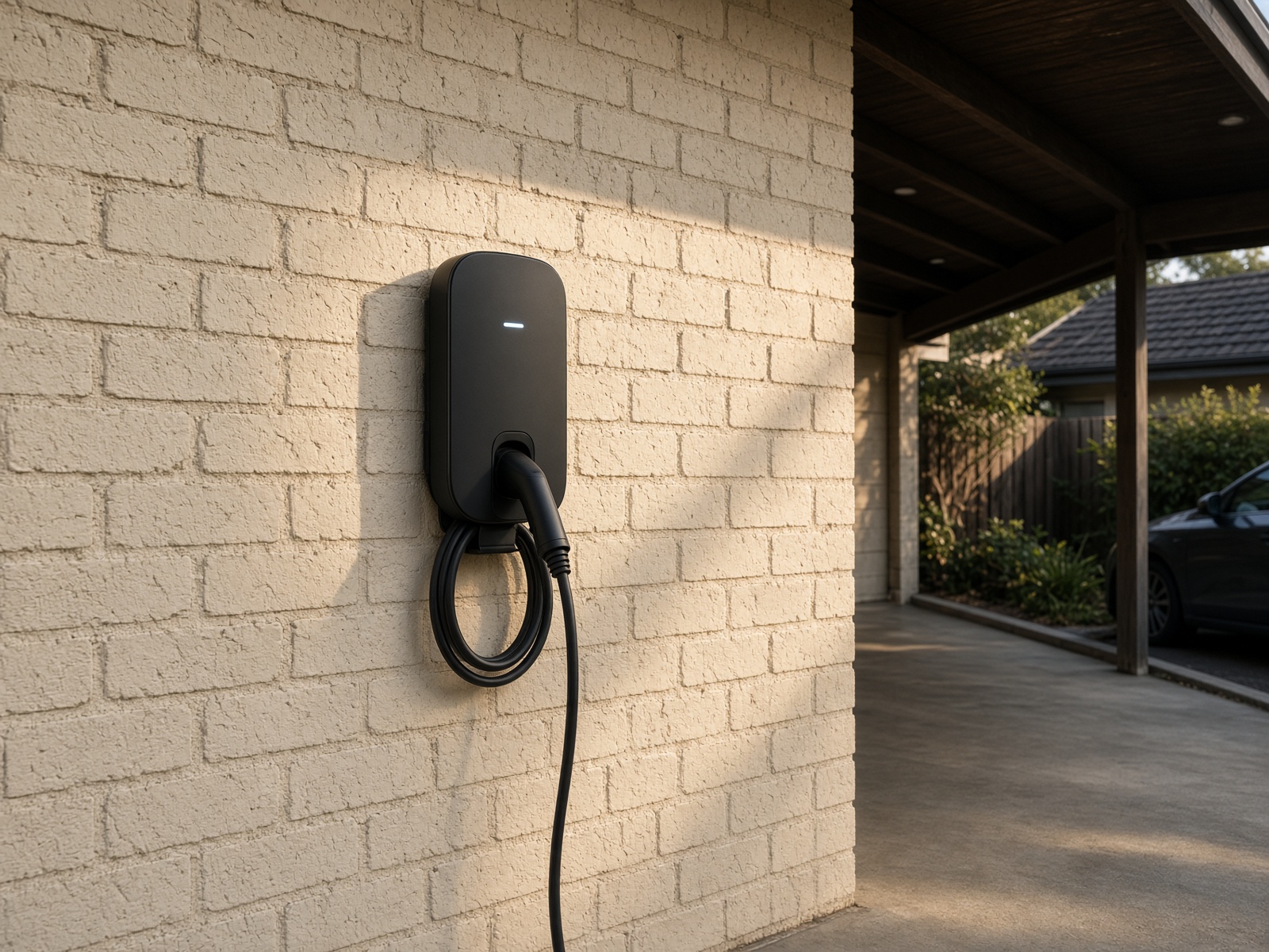 Wall-mounted home EV charger in a suburban carport