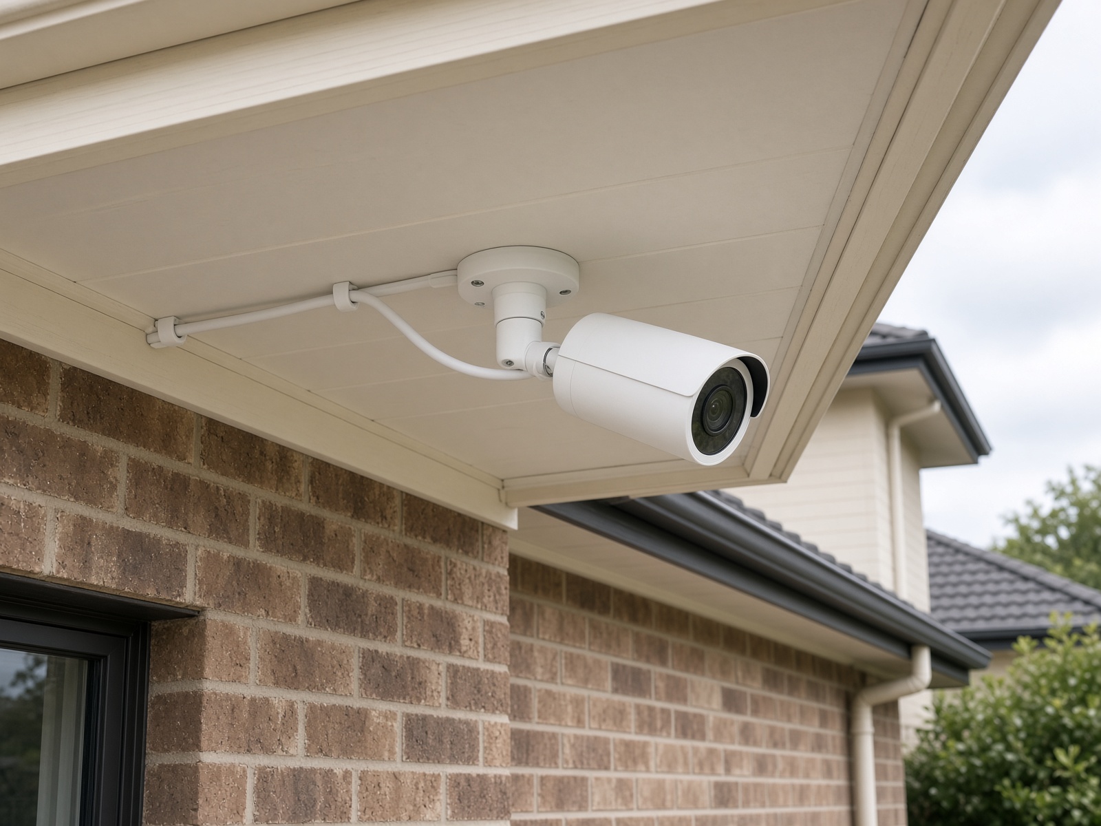 White PoE security camera installed under the eave of a brick home