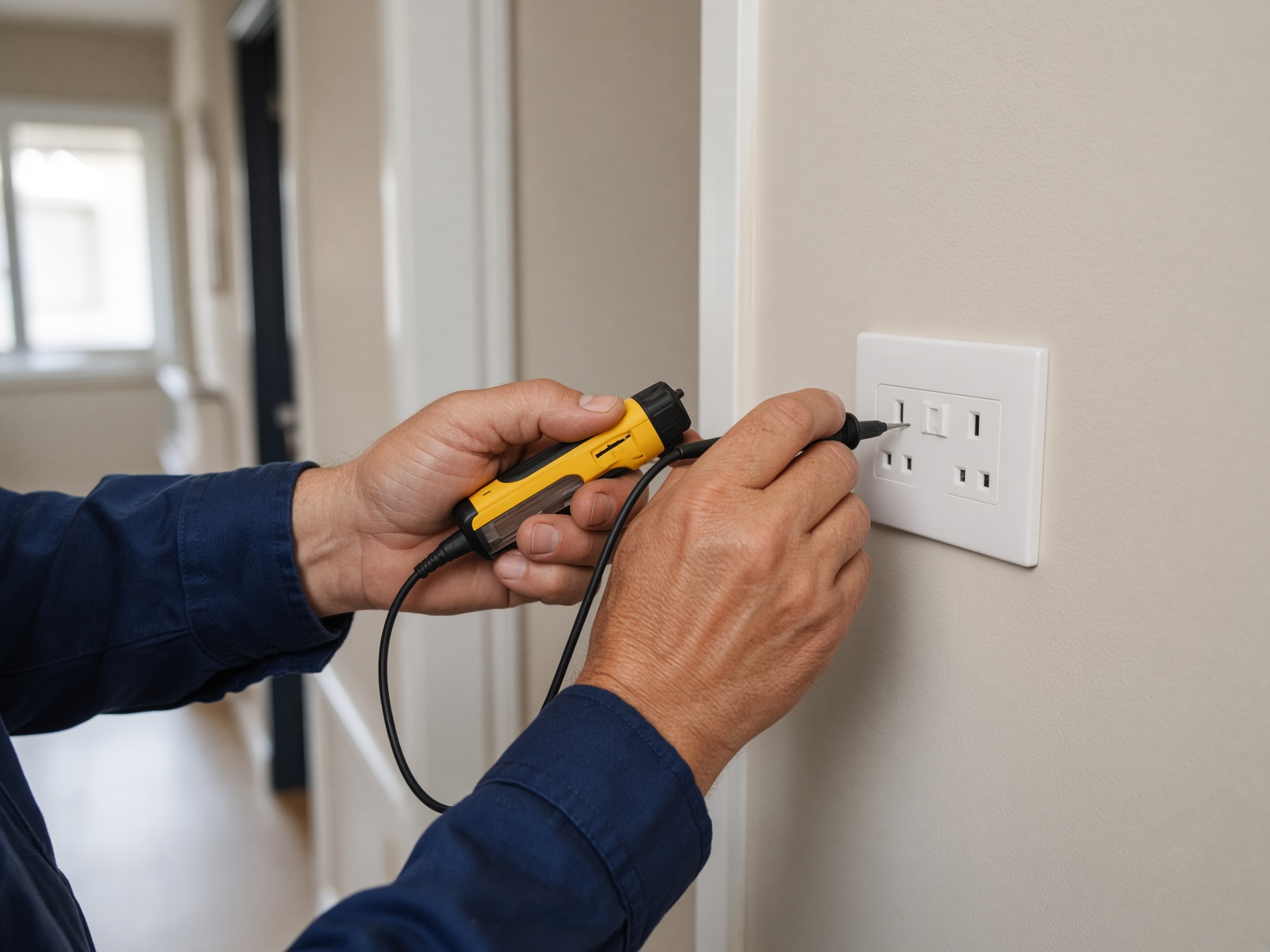 Electrician testing a power point in a hallway